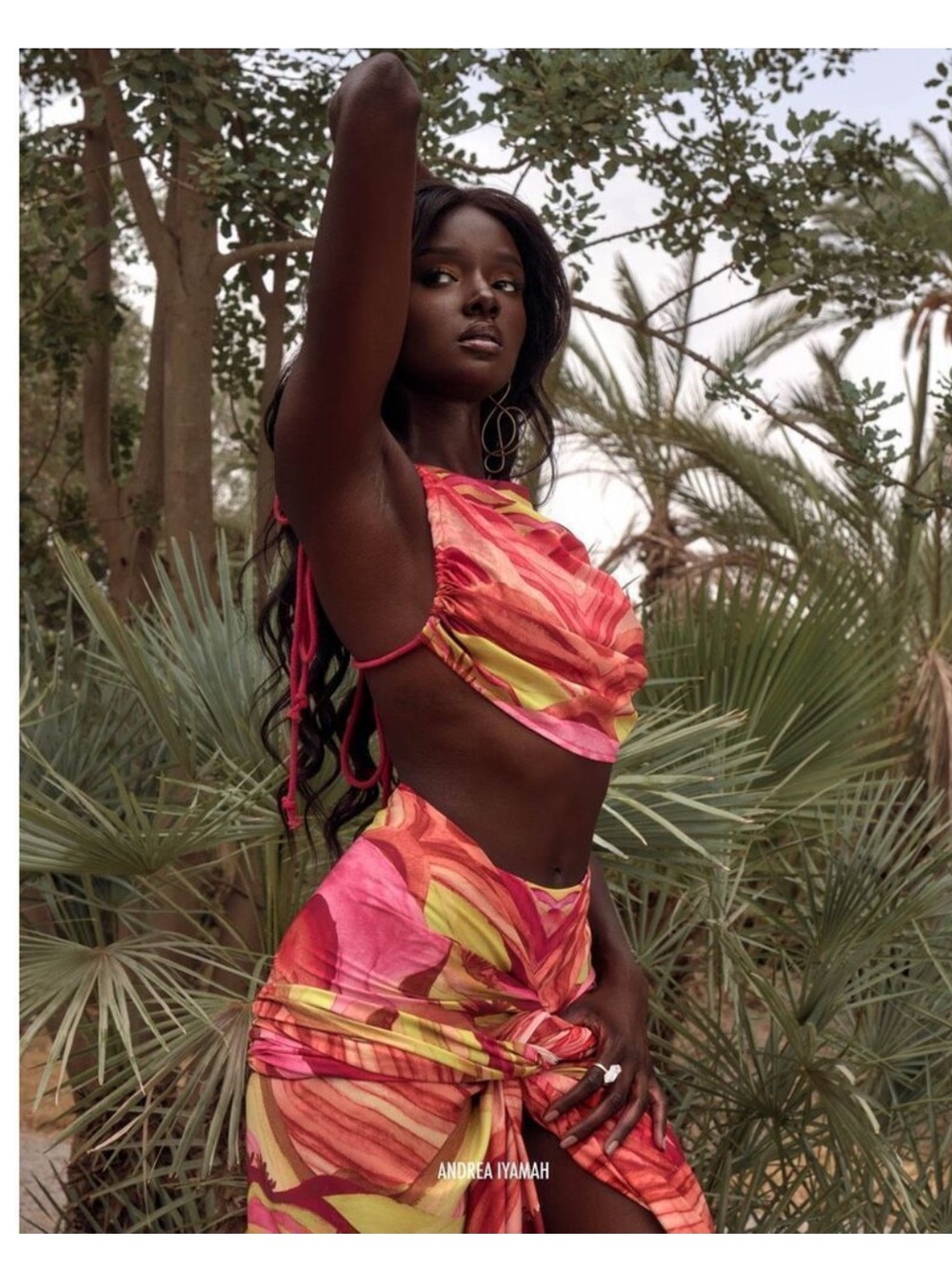 Andrea Iyamah Pink & Yellow Swirl Crop Top and Sarong Skirt Set (Sunset print)